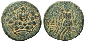 PONTOS. Amisos. Mithradates VI Eupator, circa 120-63 BC. Ae (bronze, 6.97 g, 20 mm). Aegis with Gorgoneion in centre Rev. AMI-ΣOY Nike advancing right...