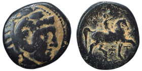 KINGS of MACEDON. Kassander, 305-298 BC. Ae (bronze, 5.37 g, 21 mm), Pella (?). Head of Herakles right, wearing lion skin headdress. Rev. Rider on hor...