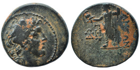 SELEUKID KINGS of SYRIA. Alexander I Balas, 152-145 BC. Ae (bronze, 7.28 g, 20 mm), Apameia. Laureate head of Apollo right. Rev. AΠAMEΩN Zeus standing...