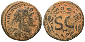 SYRIA, Seleucis and Pieria. Antioch. Trajan, 98-117. Ae (bronze, 13.57 g, 25 mm). Laureate head of Trajan to right; c/m. Rev. Large S C within laurel ...