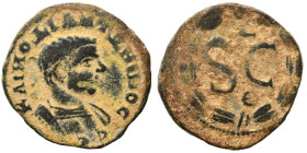 SYRIA, Seleucis and Pieria. Antioch. Diadumenian, as Caesar, 217-218. Ae (bronze, 4.98 g, 20 mm). Bare-headed, and cuirassed bust right. Rev. S C with...