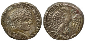 SYRIA, Seleucis and Pieria. Emesa. Caracalla, 198-217. Tetradrachm (billon, 12.12 g, 24 mm). AYT K M AN ωNЄINOC [CЄΒ] Laureate head of Caracalla to ri...