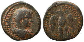 SYRIA, Seleucis and Pieria. Emesa. Caracalla, 198-217. Ae (bronze, 9.81 g, 23 mm). Radiate head right. Rev. Eagle, holding wreath in beak, standing ri...