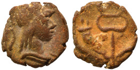 Provincial, circa 1st-3rd centuries AD. Ae (bronze, 0.90 g, 10 mm). Helmeted head of Athena (?) right. Rev. Crossed cornucopiae with caduceus. Nearly ...