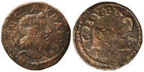 IONIA. Smyrna. Pseudo-autonomous issue, circa 2nd century. (bronze, 3.03 g, 19 mm). CEYC AKPAIOC Bearded head of Zeus Akraios to right. Rev. CMYPN-A-I...