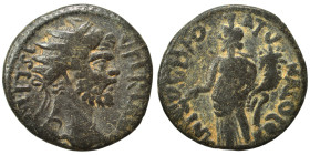 PISIDIA. Antioch. Septimius Severus, 193-211. Ae (bronze, 4.98 g, 21 mm). Radiate head right. Rev. ANTIOCH [.?.] COLON Tyche standing left, holding ru...