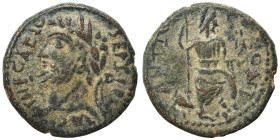 PISIDIA Antioch. Septimius Severus, 193-211. Ae (bronze, 6.33 g, 22 mm). Laureate head left. Rev. Mên standing left, left foot on bucranium, holding s...