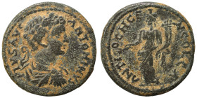 PISIDIA. Antioch. Caracalla, 198-217. Ae (bronze, 5.64 g, 22 mm). Laureate bust of Caracalla right. Rev. Tyche standing left holding branch and cornuc...