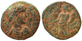 PISIDIA. Antioch. Caracalla, 198-217. Ae (bronze, 5.43 g, 22 mm). Laureate bust of Caracalla right. Rev. Tyche standing left holding branch and cornuc...