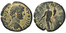 PISIDIA. Antioch. Caracalla, 198-217. Ae (bronze, 5.14 g, 23 mm). Laureate bust of Caracalla right. Rev. Tyche standing left holding branch and cornuc...