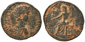 ARGOLIS. Methana (?). Caracalla, 198-217. Diassarion (bronze, 6.13 g, 24 mm). Laureate head right. Rev. ME[ΘAN]AIΩN Zeus seated left on throne, holdin...