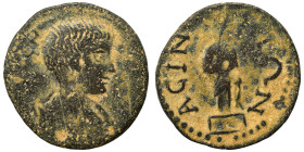 MESSENIA. Asine. Caracalla, 198-217. Assarion (bronze, 3.84 g, 21 mm). Laureate, draped and cuirassed bust right. Rev. ACINAIΩN Facing terminal statue...