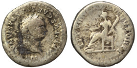 Titus, 79-81. Denarius (silver, 2.89 g, 18 mm), Rome. IMP TITVS CAES VESPASIAN AVG P M Laureate head of Titus to right. Rev. TR P VIIII IMP XV COS VII...