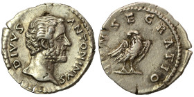 Divus Antoninus Pius, died 161. Denarius (silver, 3.02 g, 19 mm), Rome. DIVVS ANTONINVS Bare head of Divus Antoninus Pius to right. Rev. CONSECRATIO E...