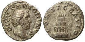 Divus Antoninus Pius, died 161. Denarius (silver, 3.40 g, 17 mm), Rome. DIVVS ANTONINVS Bare head of Divus Antoninus Pius to right. Rev. CONSECRATIO G...