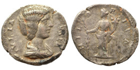 Julia Domna, Augusta, 193-211. Denarius (silver, 3.15 g, 19 mm), Rome. IVLIA AVGVSTA Draped bust right. Rev. HILARITAS Hilaritas standing left, holdin...