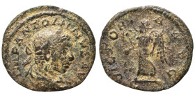 Elagabalus, 218-222. Ae Denarius (bronze, 2.78 g, 18 mm). IMP ANTONINVS AVG Laureate and draped bust of Elagabalus to right. Rev. VICTORIA AVG Victory...