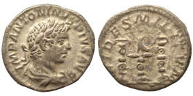 Elagabalus, 218-222. Denarius (silver, 2.47 g, 18 mm), Rome. IMP ANTONINVS PIVS AVG Laureate and draped bust right. Rev. FIDES MILITVM Aquila flanked ...