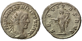 Philip I, 244-249. Antoninianus (silver, 3.19 g, 22 mm). IMP M IVL PHILIPPVS AVG Radiate, draped and cuirassed bust. Rev. AEQVITAS AVGG Aequitas stand...