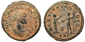 Aurelian, 270-275. Antoninianus (bronze, 4.60 g, 22 mm), Antioch. IMP C AVRELIANVS AVG Radiate and cuirassed bust right. Rev. RESTITVT ORBIS Female fi...