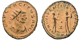 Tacitus, 275-276. Antoninianus (bronze, 3.76 g, 22 mm). IMP C TACITVS AVG Radiate, draped and cuirassed bust, right. Rev. PROVIDENTIA D-EORVM Tacitus ...