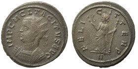 Tacitus, 275-276. Antoninianus (bronze, 3.28 g, 22 mm), Ticinum. IMP C M CL TACITVS AVG Radiate, draped and cuirassed bust of Tacitus to right. Rev. F...