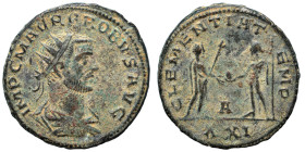 Probus. 276-282. Antoninianus (bronze, 3.56 g, 21 mm), Antioch. Radiate, draped and cuirassed bust right. Rev. CLEMENTIA TEMP Emperor standing right, ...