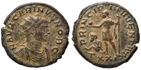 Carinus, as Caesar, 282-283. Antoninianus (bronze, 3.75 g, 22 mm), Ticinum. M AVR CARINVS NOB C Radiate, draped and cuirassed bust right. Rev. PRINCIP...