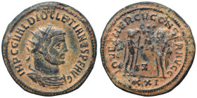 Diocletian, 284-305. Antoninianus (bronze, 4.44 g, 22 mm). IMP C C VAL DIOCLETIANVS P F AVG Radiate, draped and cuirassed bust of Diocletian to right....