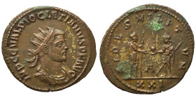 Diocletian, 284-305. Antoninianus (3.40 g, 23 mm), Siscia. IMP C C VAL DIOCLETIANVS P F AVG Radiate, draped and cuirassed bust to right. Rev. FIDES MI...