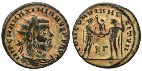 Maximianus, first reign, 286-305. Follis (bronze, 3.31 g, 20 mm), Cyzicus. IMP C MA MAXIMIANVS PF AVG Radiate draped bust right. Rev. CONCORDIA MILITV...