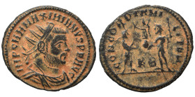 Maximianus, first reign, 286-305. Follis (bronze, 2.89 g, 21 mm), Cyzicus. IMP C MA MAXIMIANVS PF AVG Radiate draped bust right. Rev. CONCORDIA MILITV...