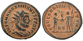 Maximianus, first reign, 286-305. Follis (bronze, 3.29 g, 21 mm), Cyzicus. IMP C MA MAXIMIANVS AVG Radiate and draped bust right, pellet below bust Re...