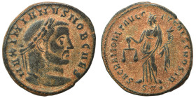 Galerius, as Caesar, 293-305. Ae (bronze, 7.87 g, 26 mm). MAXIMIANVS NOB CAES Laureate head right. Rev. Moneta standing left, holding scales and cornu...