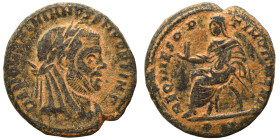 Divus Maximianus, died 310. Follis (bronze, 3.40 g, 18 mm), Rome, struck under Constantine I, 317-318. DIVO MAXIMIANO SEN FORT IMP Laureate and veiled...