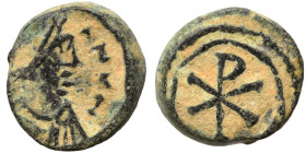 VANDALS. Pseudo-Imperial coinage, circa 440-490; in the name of Justinian I. Nummus (bronze, 0.95 g, 9 mm), Carthage. Diademed and draped bust to righ...