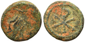 VANDALS. Pseudo-Imperial coinage, circa 440-490; in the name of Justinian I. Nummus (bronze, 0.87 g, 9 mm), Carthage. Diademed and draped bust to righ...