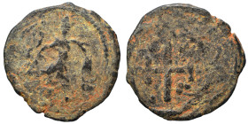 CRUSADERS. Edessa. Baldwin II, second reign, 1108-1118. Follis (bronze, 6.03 g, 26 mm). Baldwin II, wearing armor and conical helmet, standing facing,...
