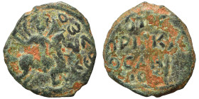 CRUSADERS. Principality of Antioch. Roger of Salerno, regent, 1112-1119. Follis (bronze, 3.78 g, 21 mm). St. George, nimbate, on horseback to right, s...
