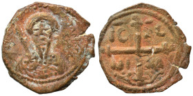 CRUSADERS. Principality of Antioch. Tancred, regent, 1101-1112. Follis (bronze, 3.01 g, 21 mm). Armored, bearded bust of Tancred facing, holding uprai...