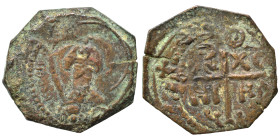 CRUSADERS. Principality of Antioch. Tancred, regent, 1101-1112. Follis (bronze, 4.93 g, 23 mm). Armored, bearded bust of Tancred facing, holding uprai...