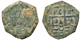 CRUSADERS. Principality of Antioch. Tancred, regent, 1101-1112. Follis (bronze, 3.38 g, 20 mm). Armored, bearded bust of Tancred facing, holding uprai...