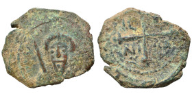 CRUSADERS. Principality of Antioch. Tancred, regent, 1101-1112. Follis (bronze, 2.81 g, 21 mm). Armored, bearded bust of Tancred facing, holding uprai...
