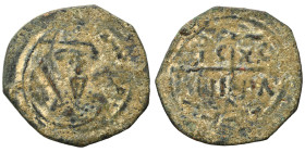 CRUSADERS. Principality of Antioch. Tancred, regent, 1101-1112. Follis (bronze, 3.46 g, 24 mm). Armored, bearded bust of Tancred facing, holding uprai...
