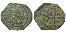 CRUSADERS. Principality of Antioch. Tancred, regent, 1101-1112. Follis (bronze, 3.73 g, 23 mm). Nimbate bust of Christ facing, holding book of Gospels...