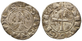 CRUSADERS. Principality of Antioch. Bohémond III, 1163-1201. Denier (silver, 0.81 g, 17 mm). +BOAMVNDVS Helmeted head of a knight to left flanked by c...