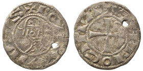 CRUSADERS. Principality of Antioch. Bohémond III, 1163-1201. Denier (silver, 0.84 g, 17 mm). +BOAMVNDVS Helmeted head of a knight to left flanked by c...