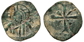 CRUSADERS. Uncertain. Circa 1100-1150. Follis (bronze, 1.22 g, 19 mm). Nimbate bust of Christ facing; in fields IC - X. Rev. Cross with small cross at...