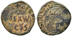 ITALY. Messina. Guglielmo II, 1166-1189. Follaro (bronze, 1.20 g, 15 mm). REXW SCYS. Rev. Legend in kufic. Nearly very fine.