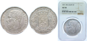 Belgium Kingdom 1871 5 Francs - Léopold II (small head) Silver (.900) Brussels Mint (4783434) 25g NGC AU 58 KM 24 LA BFM-127